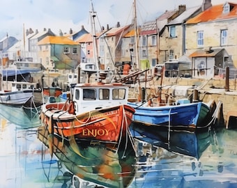 Harbor Boats Watercolor Painting: Nautical Wall Art (Digital Download)