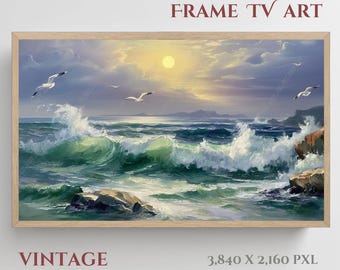 Set of 3 Frame TV Art Ocean Wall art Coastal Seascape Oil Painting  Beach Sunset Decor  Seagull Ocean Art  Printable Digital download