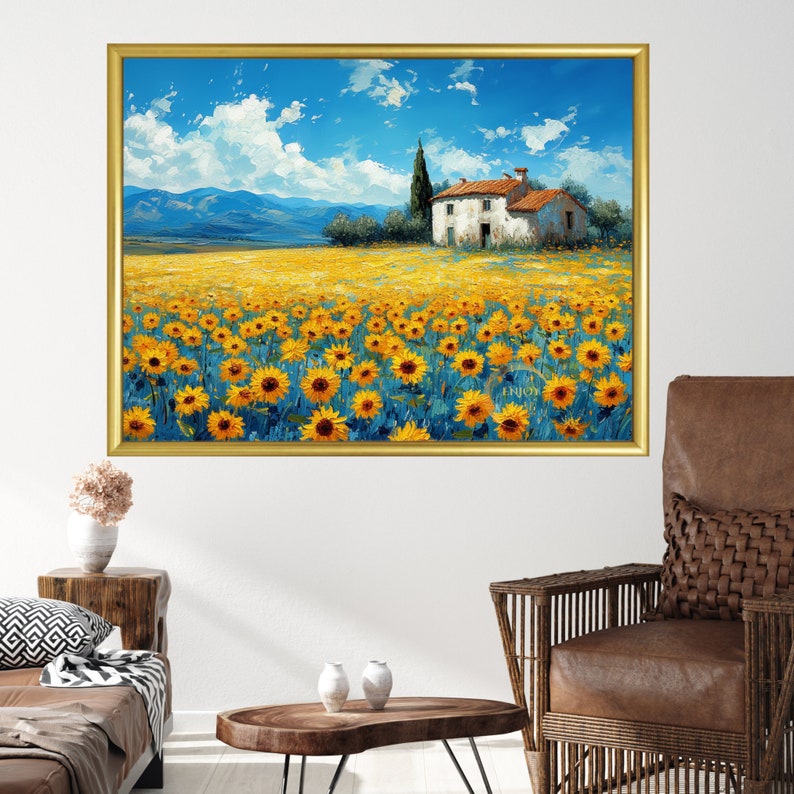 May include: A painting of a white house with a red tile roof in a field of yellow sunflowers. The house is surrounded by green trees and bushes. The background is a blue sky with white clouds and mountains in the distance.