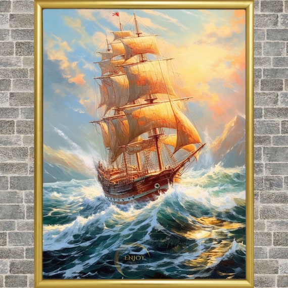 荒波に浮かぶ帆船の油絵 壁アート 装飾デザイン デジタルスクリーン