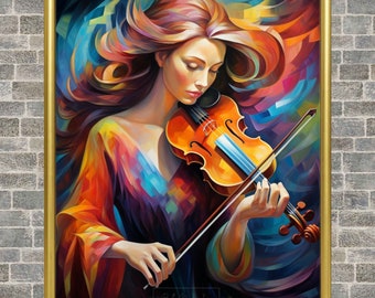 Mulher tocando violino arte de parede arte abstrata decoração design tela digital papel de parede presente