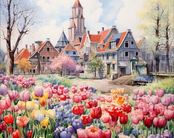 Tulipanes Mansion Hillegom, Países Bajos Paisaje Arte de pared Pintura de acuarela Regalo Fondo de pantalla