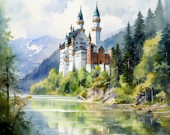 Neuschwanstein Castle Bavaria, Germany Alps landscape wall art design decor screen wallpaper GIFT