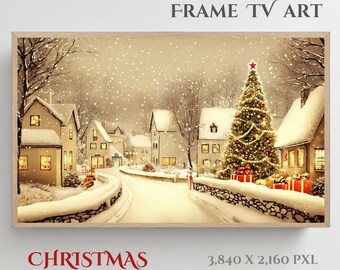 Snowy Village Christmas Tree Oil Painting - Samsung Frame TV Art (Digital Download)