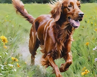 Irish setter dog running on Meadow field Sunny day Horizontal frame oil painting landscape Nature wall art decor, Digital Screen wallpaper.