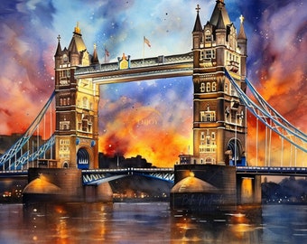 Impressão artística em aquarela da Tower Bridge: Paisagem do pôr do sol em Londres (download digital)