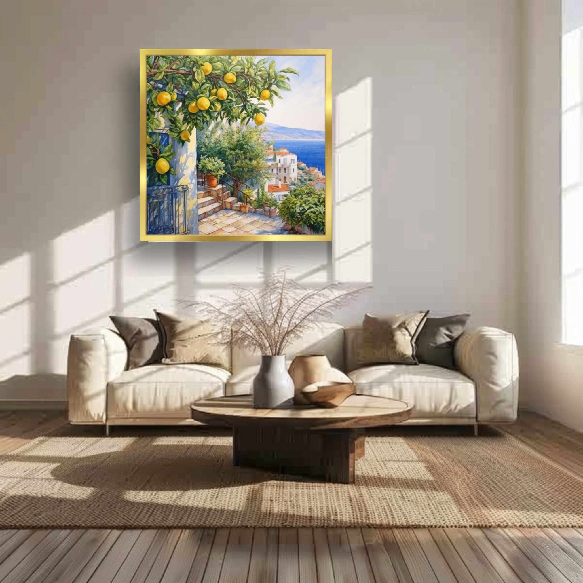 シチリア島のレモンの木の水彩画：地中海風ウォールアート（デジタル