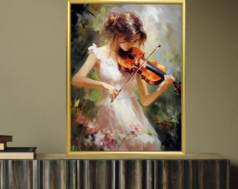 ヴァイオリンを弾く少女の抽象油絵：音楽ウォールアート（デジタル