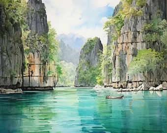 Palawan, Filipinas, Rochas de montanha, lago turquesa, paisagem, arte de parede, design, tela, papel de parede, PRESENTE