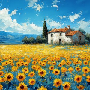May include: A white farmhouse with a red tile roof sits in a field of yellow sunflowers. The house has a blue door and windows. The sky is blue with white clouds.