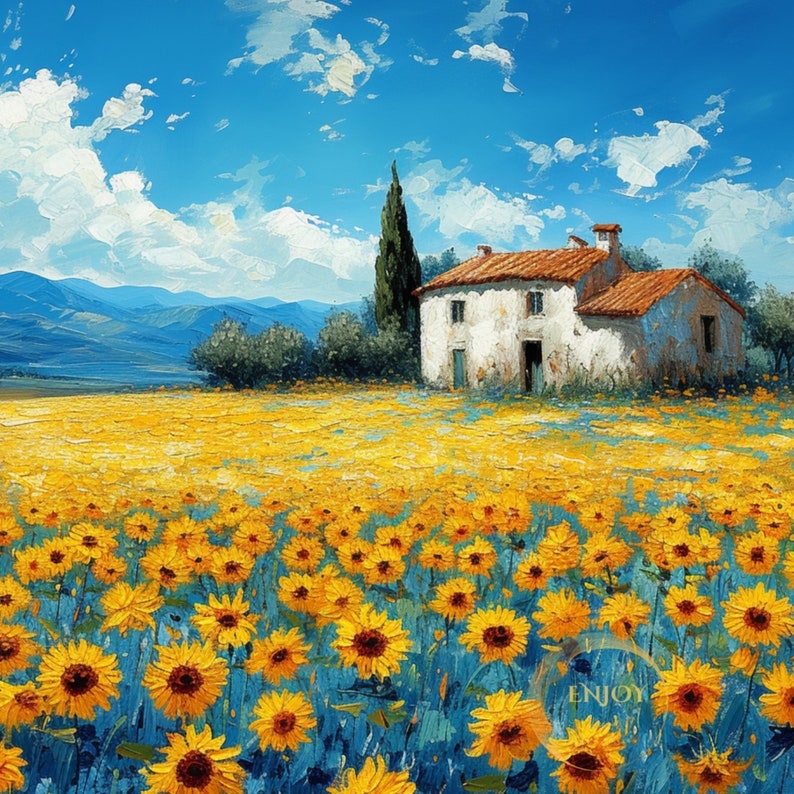 May include: A white farmhouse with a red tile roof sits in a field of yellow sunflowers. The house has a blue door and windows. The sky is blue with white clouds.