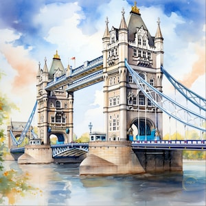 Tower bridge London UK watercolor painting wall art decor design digital screen wallpaper iconic  landmark gift