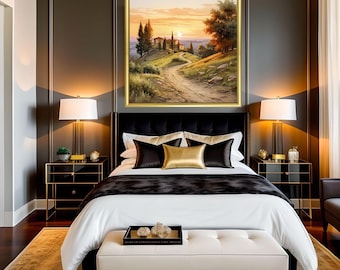 Paisaje de villa toscana, Italia, pintura en acuarela, decoración de pared, arte mural