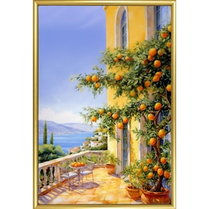 Mediterranean coastal terrace view Amalfi coastal landscape wall art painting design digital wallpaper  orange tree panting GIFT