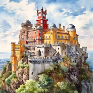Pintura de acuarela del Palacio de Pena, Portugal, arte de pared, decoración, diseño, REGALO