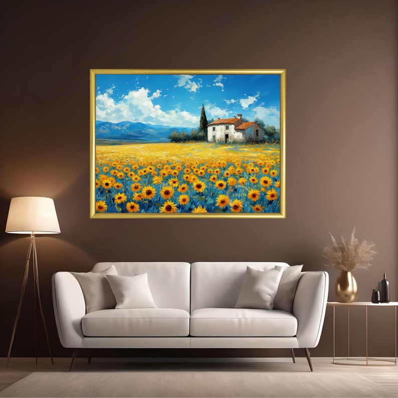 May include: A painting of a white farmhouse with a red roof in a field of yellow sunflowers. The sky is blue with white clouds.