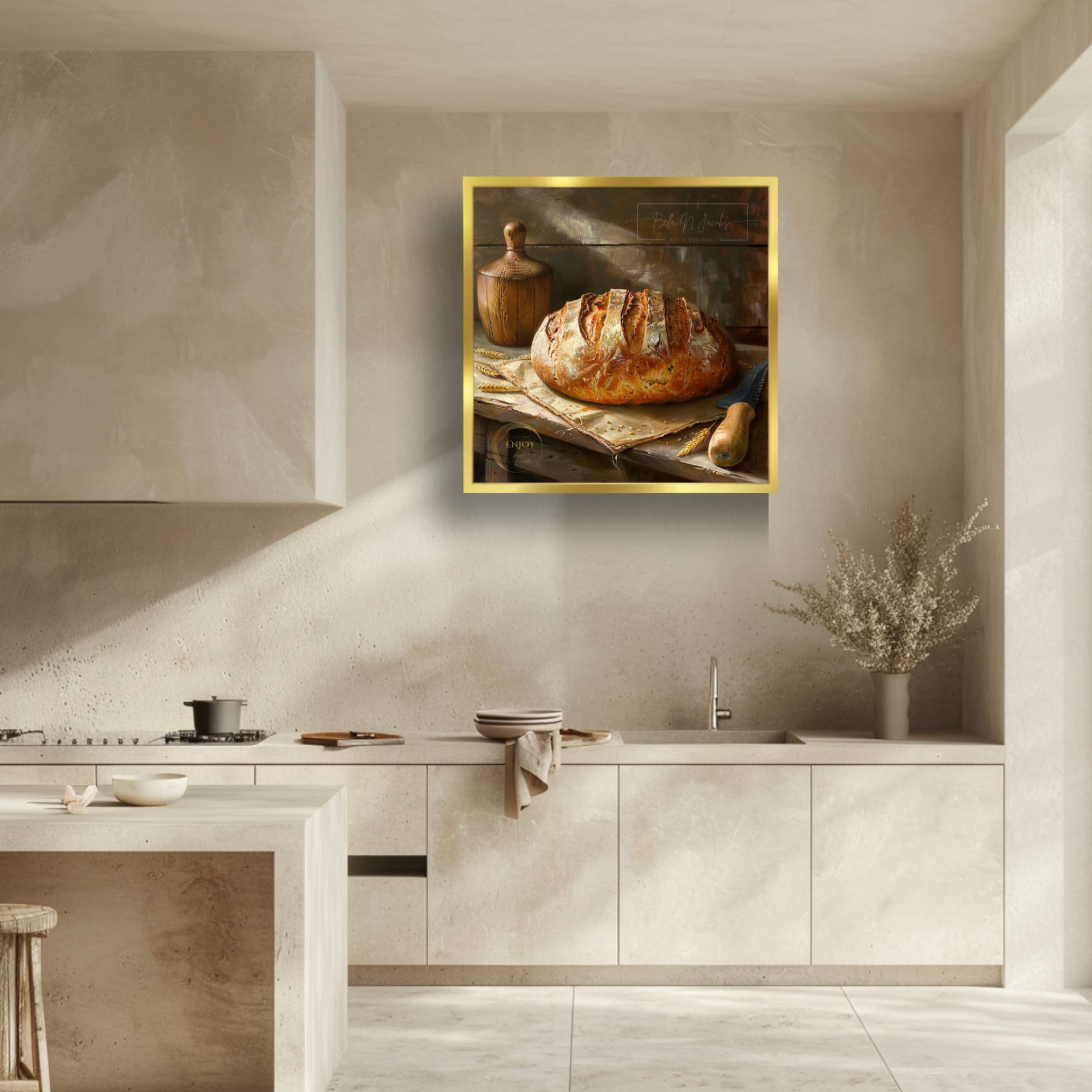 Vintage Sourdough Bread Still Life Print: Rustic Kitchen Wall Art