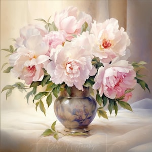 Hermosos peonías Impresión en lienzo Jarrón de flores Decoración de estilo vintage Arte de pared floral Ramo de flores Naturaleza muerta Flores Póster de bellas artes REGALO