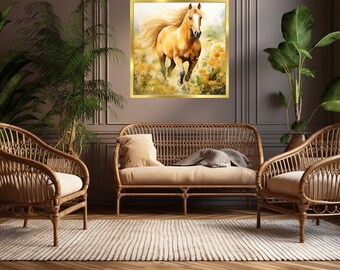 Pintura digital em aquarela de uma paisagem de um vale florido com um cavalo marrom galopando - PRESENTE