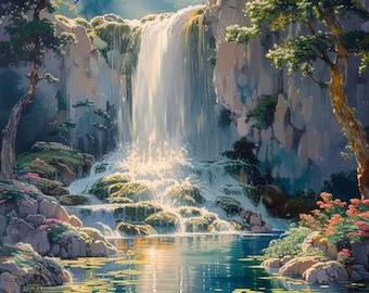 Impressão artística em óleo de cachoeira, decoração de parede, pintura de parque nacional, papel de parede digital para presente