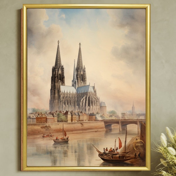 Vintage painting  of the Cologne Cathedral Gothic church in Northern