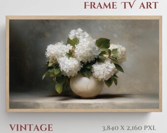 Juego de 4 tamaños de arte mural vintage de naturaleza muerta con hortensias, pintura floral neutra, estilo rústico, marco de flores, arte para TV, descarga digital