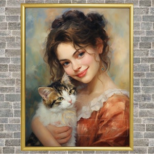 Girl holding a cat Painting poster oil painting digital screen wallpaper wall art decor design GIFT