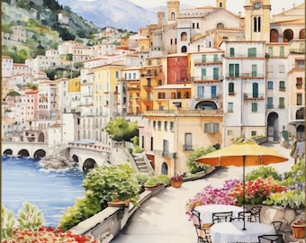 Arte de acuarela imprimible de Salerno, diseño de pintura de acuarela Costa de Amalfi REGALO