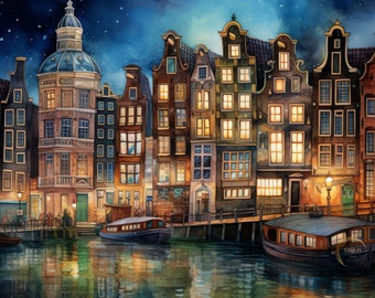Amsterdã, Holanda, Canal à noite, pintura em aquarela, impressão digital, arte de parede, decoração, design, presente