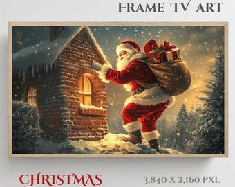Santa on Roof Christmas Oil Painting: Cozy Frame TV Art (Digital Download)