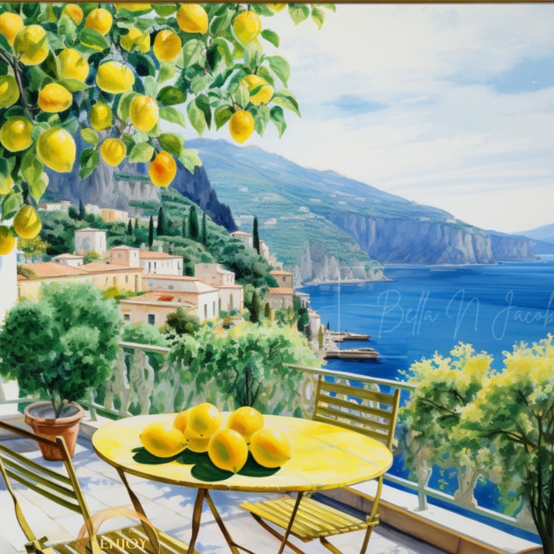アマルフィ海岸のレモンの木の水彩画：地中海の風景（デジタル
