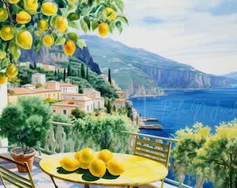 Limoeiro da Costa Amalfitana - Impressão em aquarela: Vista do Mediterrâneo (download digital)