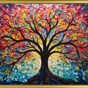 Yggdrasil Mosaic Painting Abstract Tree of Life, Stained Glass Canvas Print, World Tree Artwork, Mythology Gift, Rustic Yggdrasil Artwork