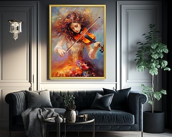 Stampa artistica astratta di donna con violino: decorazione musicale colorata (download digitale)