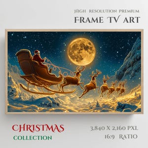 FRAME TV art Santa and Reindeer Flying Sleigh, Christmas Frame TV pictures, Samsung Frame tv artwork Christmas vintage style Christmas art