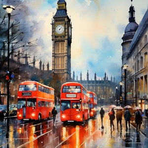 Londres Royaume-Uni Big Ben parapluies urbains Londres bus à impériale rouge vintage aquarelle art déco design paysage cadeau carte postale