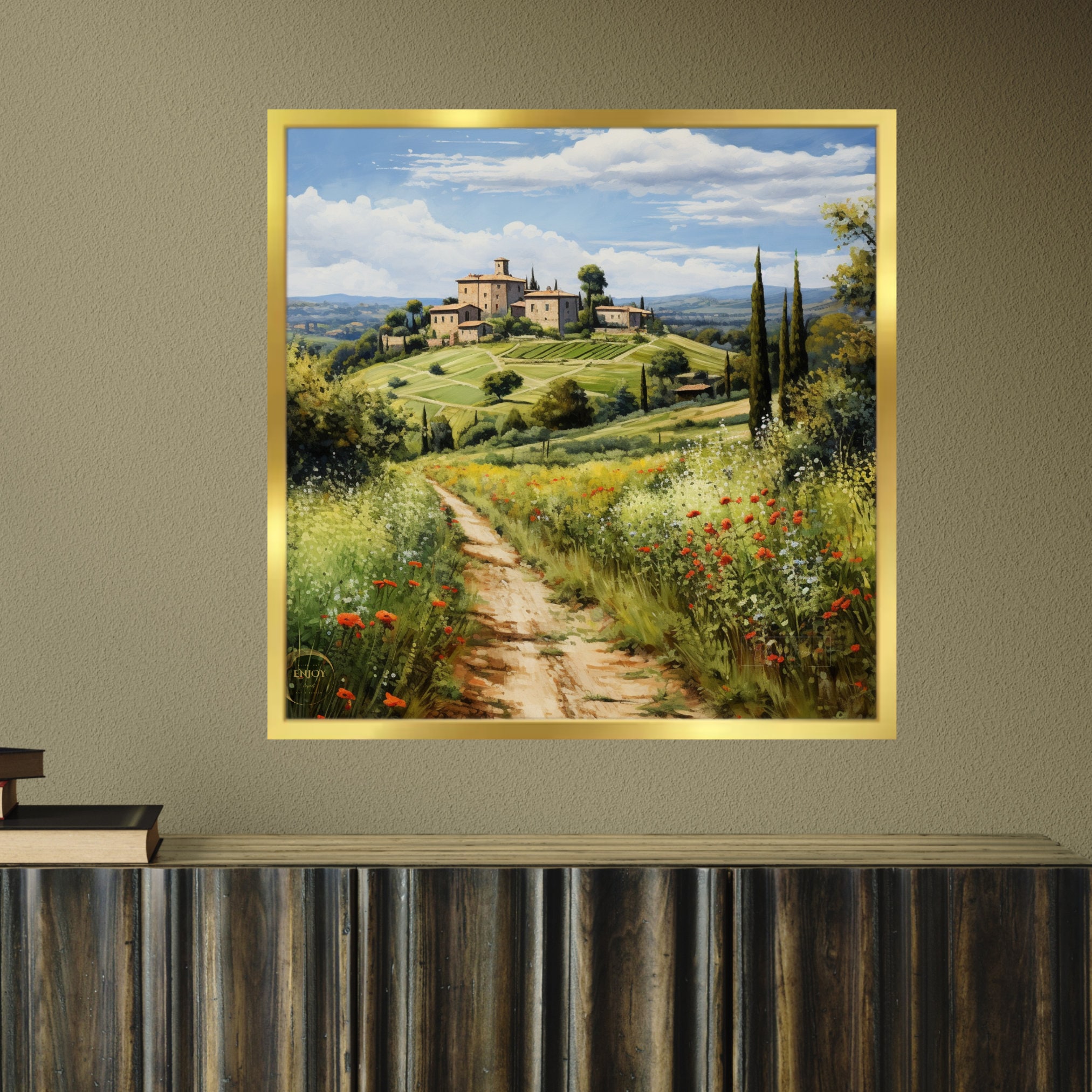 イタリア・ウンブリアの風景画 水彩画：素朴な村の芸術（デジタル