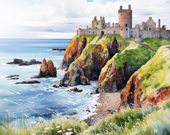 Acuarela del Castillo de Dunnottar: Costa de Aberdeenshire (Descarga digital)