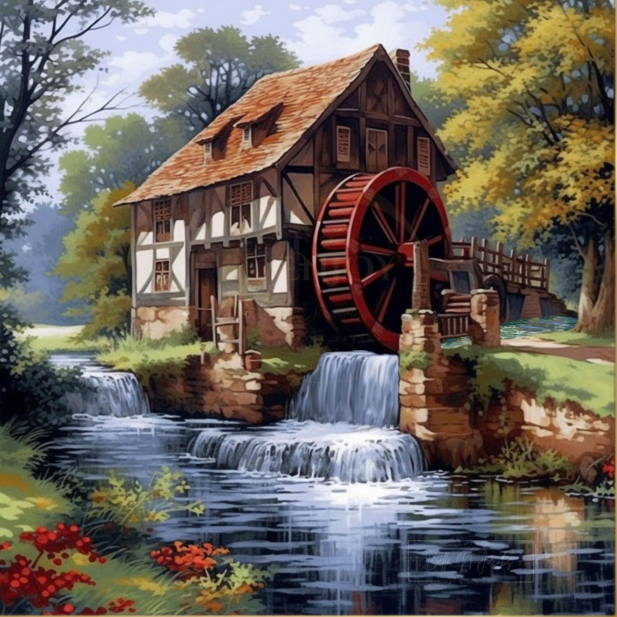 Tampon Transparent "Idyllic Floral Scenes Water-mill" De
