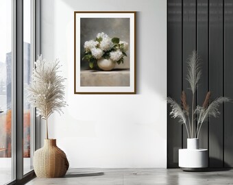 Juego de 4 tamaños de arte mural vintage de naturaleza muerta con hortensias, pintura floral neutra, estilo rústico, marco de flores, arte para TV, descarga digital
