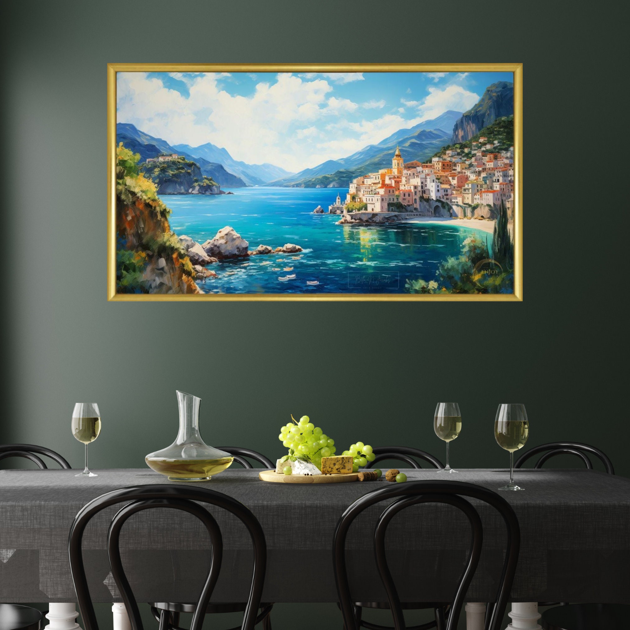 Amalfi Coast Mediterranean Landscape Watercolor Painting Wall Art Decor ...