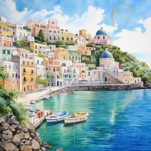 May include: Watercolor painting of a colorful Italian village with a harbor and boats. The village is built on a hillside and has many buildings with terracotta roofs. The harbor is filled with clear blue water and there are three boats docked at the pier.