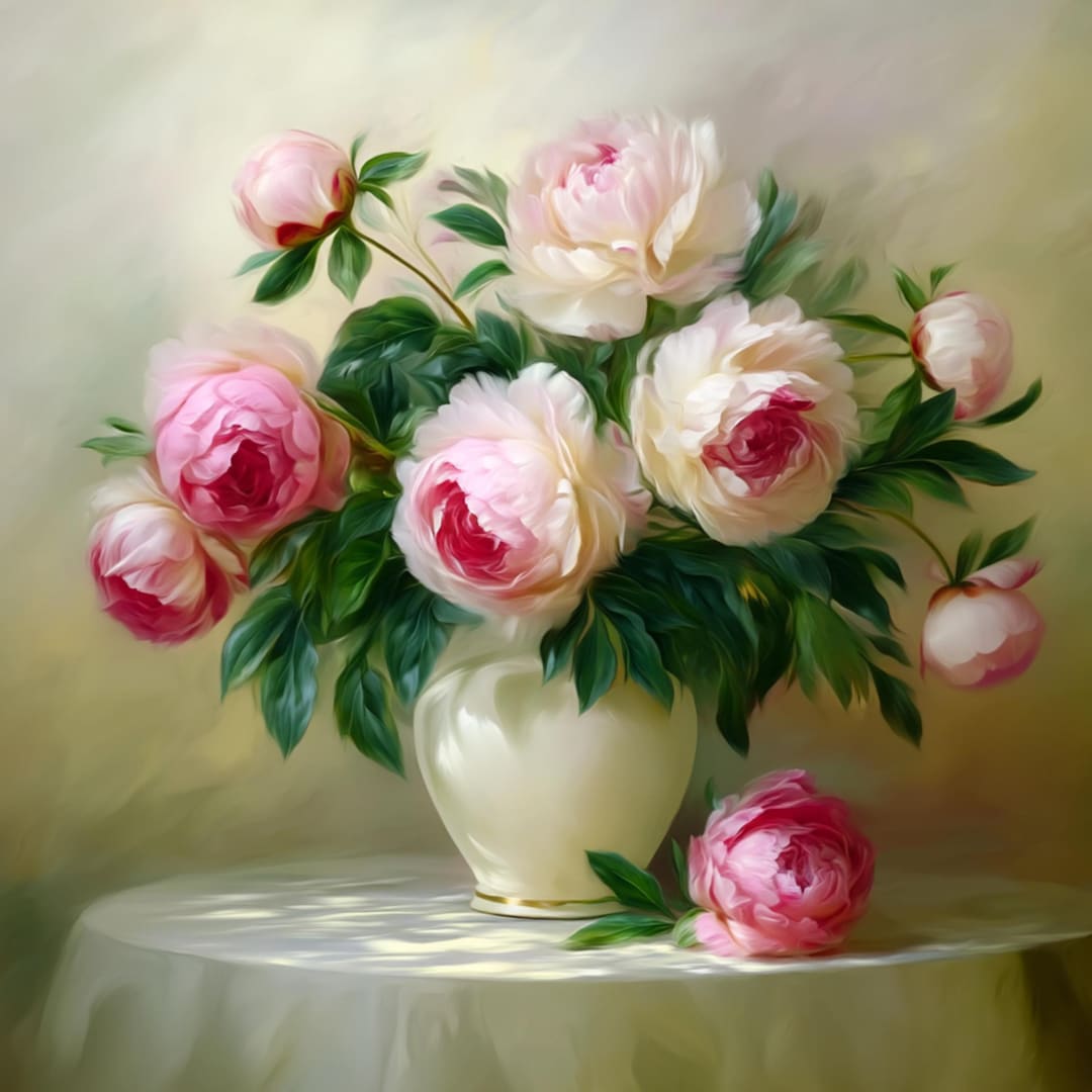 Vintage Peony Still Life Painting: Elegant Floral Bouquet Print ...