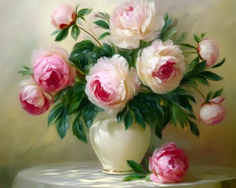 Vintage Peony Still Life Painting: Elegant Floral Bouquet Print (Digital Download)