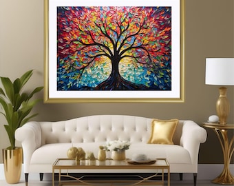 Impressão da Árvore da Vida de Yggdrasil: Arte em Vitral em Mosaico Abstrato (Download Digital)