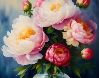 Pintura em aquarela de peônias em vaso: arte floral de parede (download digital)