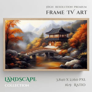 May include: A painting of a traditional Asian temple with a red bridge over a stream. The temple is surrounded by trees with orange and yellow leaves. The mountains in the background are covered in fog.