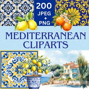 Puede incluir: Una colección de 200 imágenes de clipart con temática mediterránea, que incluyen patrones de azulejos azules y amarillos, limoneros, naranjas y una pintura de acuarela de una casa junto al mar. Formatos JPEG y PNG.