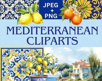Mediterranean Tile Clipart Bundle: Watercolor Lemons, Oranges, Azulejo (Digital Paper)