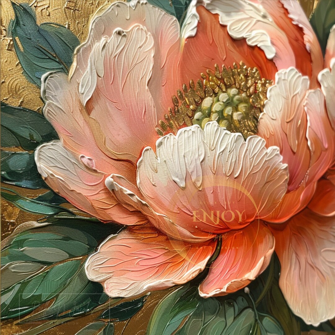 Pink Peony Painting: Golden Floral Wall Art (digital Download) - Etsy